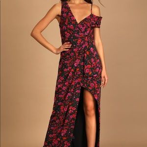 Lulus With a Flourish Black Floral Print Off-the-Shoulder Maxi Dress